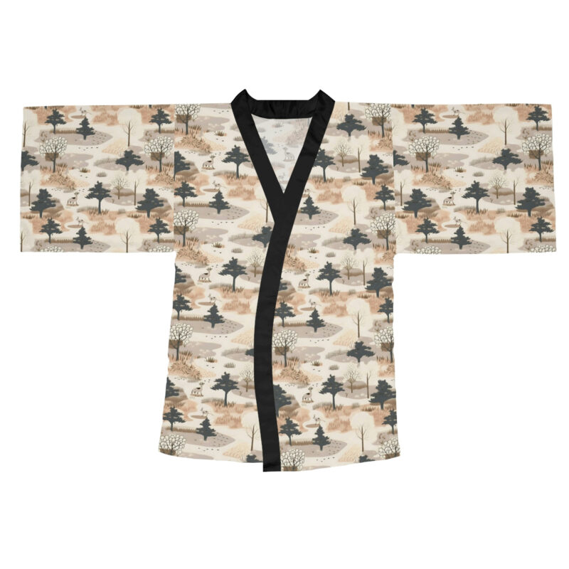 BOHO Japandi Style Woodland Scene Pattern Long Sleeve Kimono Robe - Mowbi