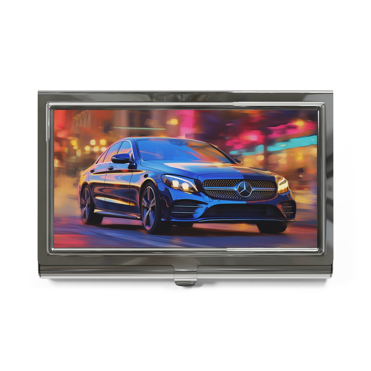 Fine Art Print of a Mercedes Driving at Night Business Card Holder - One size,Silver,Glossy