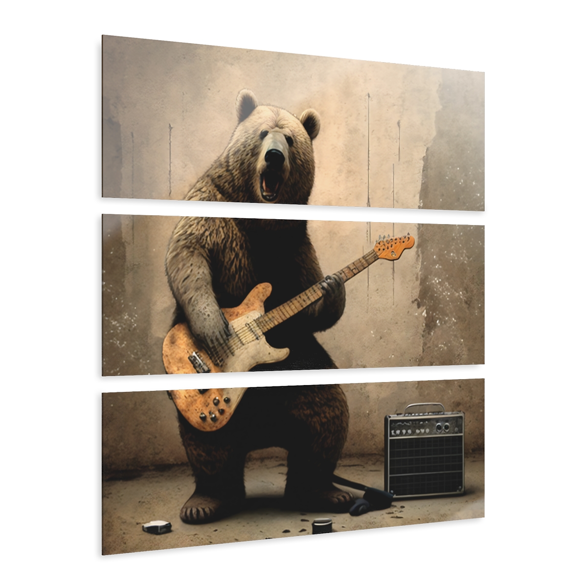 Grizzley Bear Playing Guitar Art Print Acrylic Prints (Triptych) - 12 x 36 (Vertical),0.25&#039;&#039;