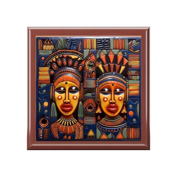 Two Masks African Art Wood Jewelry and Trinket Box