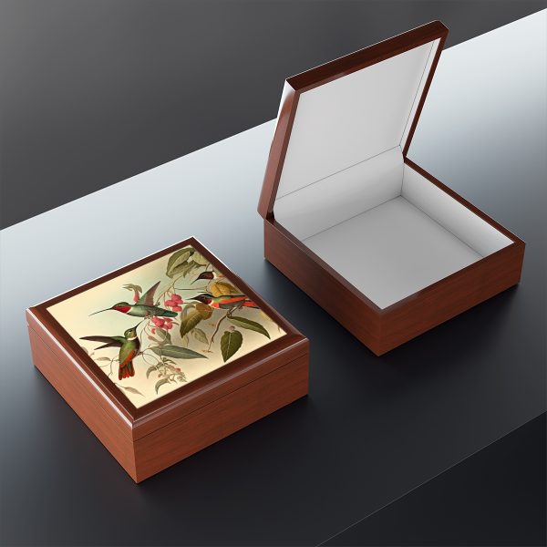 Ruby Throated Hummingbird Vintage Art Print on Parchment Porcelain Tile, Gift and Jewelry Box. Keep your mementos organized.