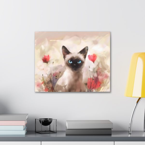 Three Poppies and a Siamese Cat Kitten Canvas Art Print