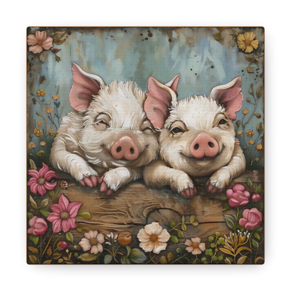 Primrose & Petal: Folk Art Piglet Pals – Square Canvas Art Print