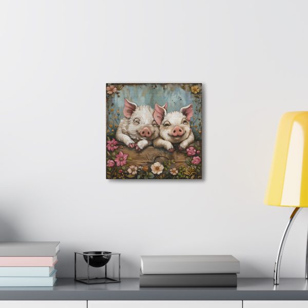 Primrose & Petal: Folk Art Piglet Pals – Square Canvas Art Print