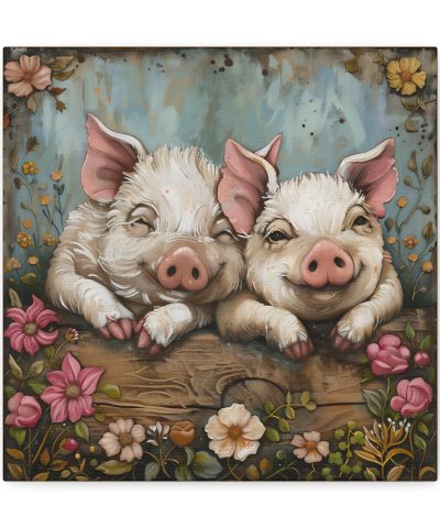 Primrose & Petal: Folk Art Piglet Pals – Square Canvas Art Print