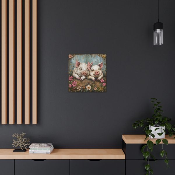 Primrose & Petal: Folk Art Piglet Pals – Square Canvas Art Print