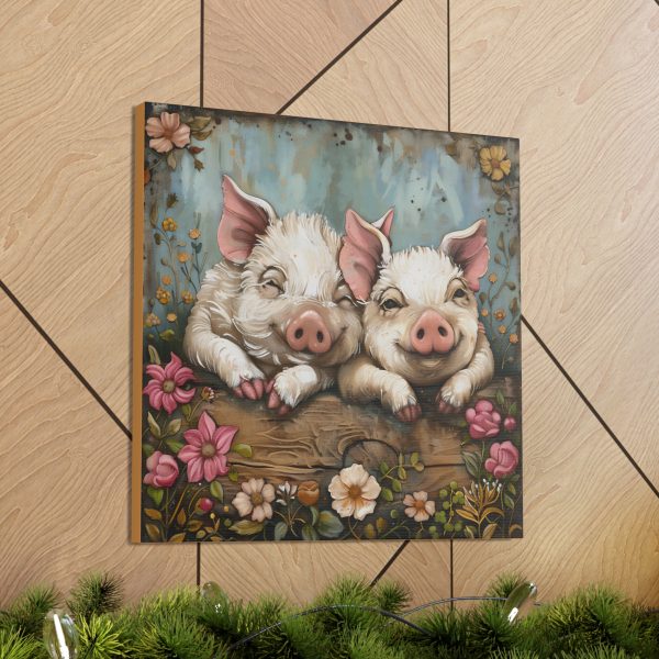 Primrose & Petal: Folk Art Piglet Pals – Square Canvas Art Print