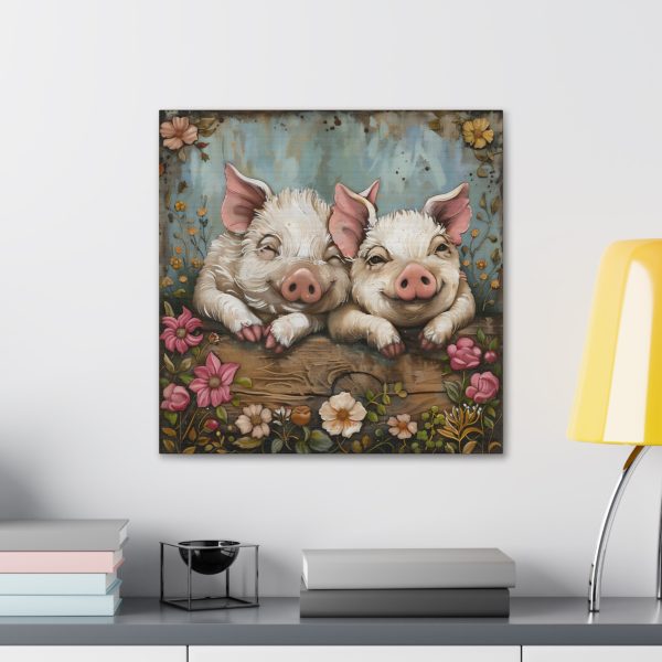 Primrose & Petal: Folk Art Piglet Pals – Square Canvas Art Print