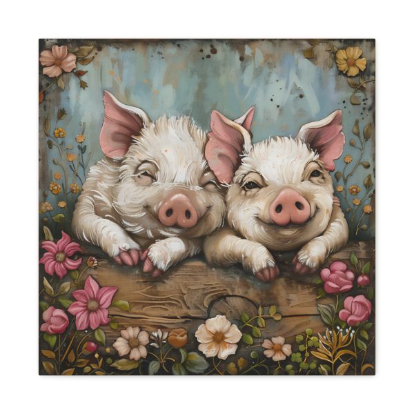 Primrose & Petal: Folk Art Piglet Pals – Square Canvas Art Print