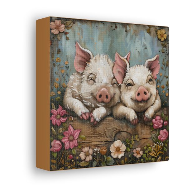 Primrose & Petal: Folk Art Piglet Pals – Square Canvas Art Print