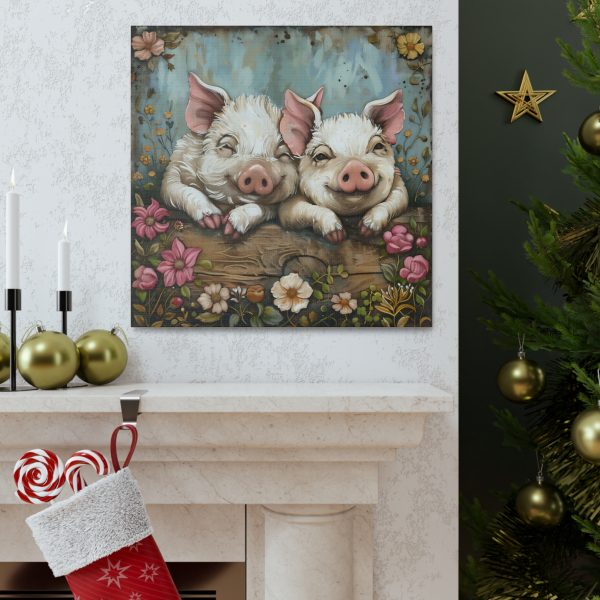 Primrose & Petal: Folk Art Piglet Pals – Square Canvas Art Print