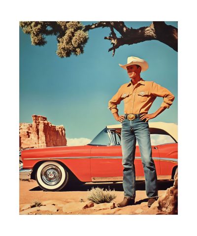 Cowboy and Horseless Carriage Wall Art Print – Vintage Car – Western Decor 9″x 11″ Artwork