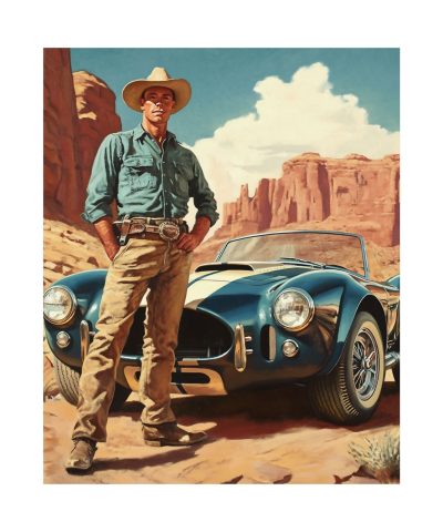 Serious Horsepower – Cowboy and AC Cobra Wall Art Print – Western Decor 9″x 11″ Artwork