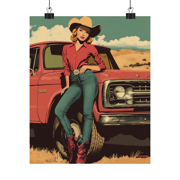 Cowgirl with Her Pick-Me-Up Truck Wall Art Print – Western Decor 9″x 11″ Artwork