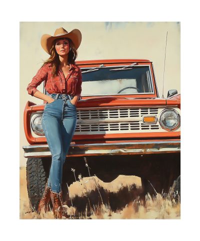 Cowgirl with Her Bronco Wall Art Print – Ford Bronco – Western Decor 9″x 11″ Artwork