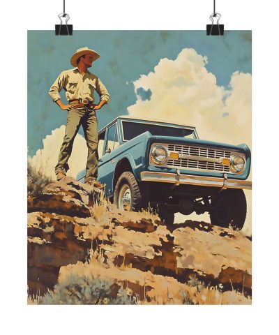 Cowboy with His Bronco Wall Art Print – Ford Bronco – Vintage Car – Western Decor 9″x 11″ Artwork