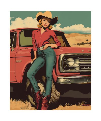 Cowgirl with Her Pick-Me-Up Truck Wall Art Print – Western Decor 9″x 11″ Artwork