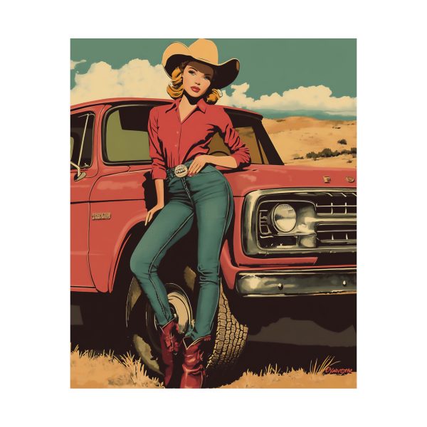 Cowgirl with Her Pick-Me-Up Truck Wall Art Print – Western Decor 9″x 11″ Artwork