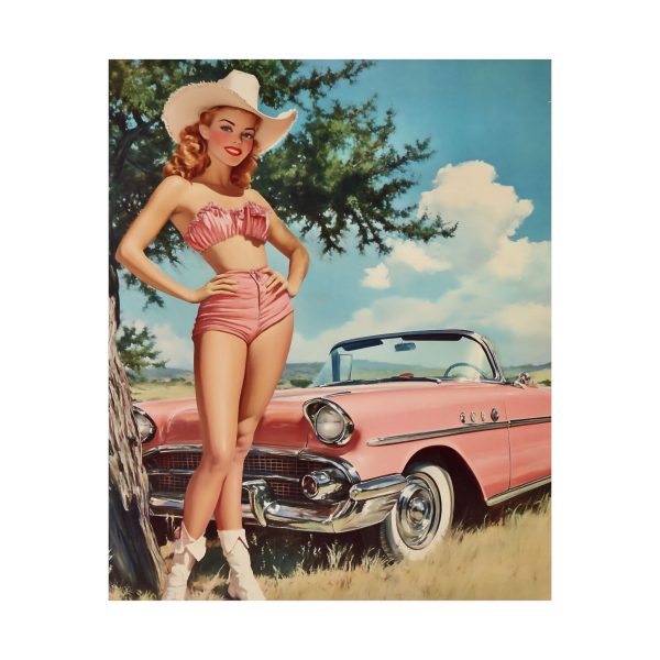 Cowgirl with Her Horseless Carriage Wall Art Print – Western Decor 9″x 11″ Artwork