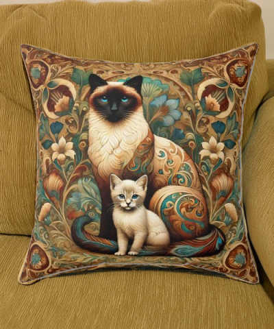 Art Nouveau Siamese Cat and Kitten Square Pillow